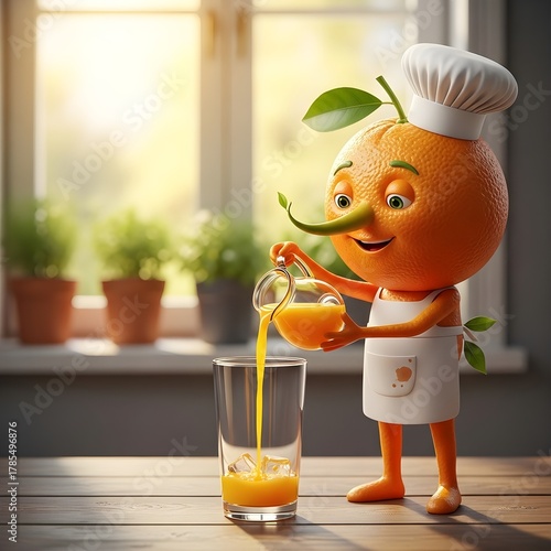 Chef Citrus at Your Service. A cheerful orange character dressed as a chef pours fresh juice into a glass, bringing playful charm to a cozy kitchen scene filled with potted plants and warm sunlight.