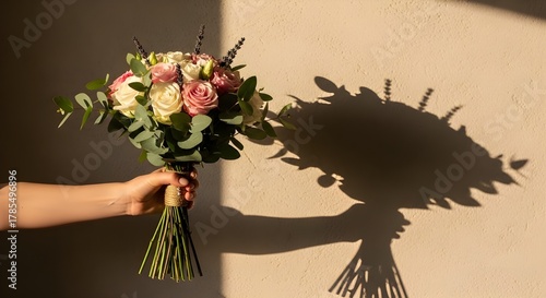 A delicate bouquet of pink and white roses held against a beige wall, casting a crisp shadow that mirrors its form—highlighting the interplay of light, texture, and natural elegance.