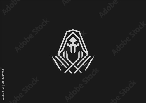 A minimalist grim reaper logo in line art style, featuring a hooded figure with a scythe, symbolizing mystery and mortality, designed as a modern creative vector concept
