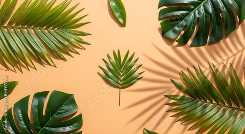A flat‑lay of lush tropical leaves arranged on a warm peach background, their shadows adding depth and texture to a vibrant, artistic composition.