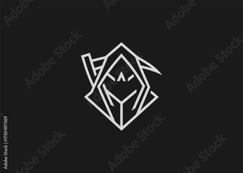 A minimalist grim reaper logo in line art style, featuring a hooded figure with a scythe, symbolizing mystery and mortality, designed as a modern creative vector concept