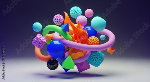 A vibrant 3D abstract composition of colorful spheres, cubes, cones, and toruses floating in dynamic harmony, blending textures and gradients to evoke creativity and visual intrigue.