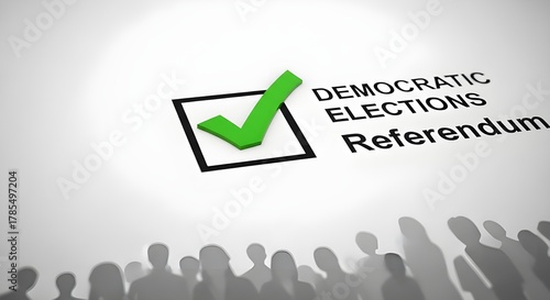 A symbolic graphic of democratic elections and referendum, featuring a green checkmark in a box with silhouettes of people.