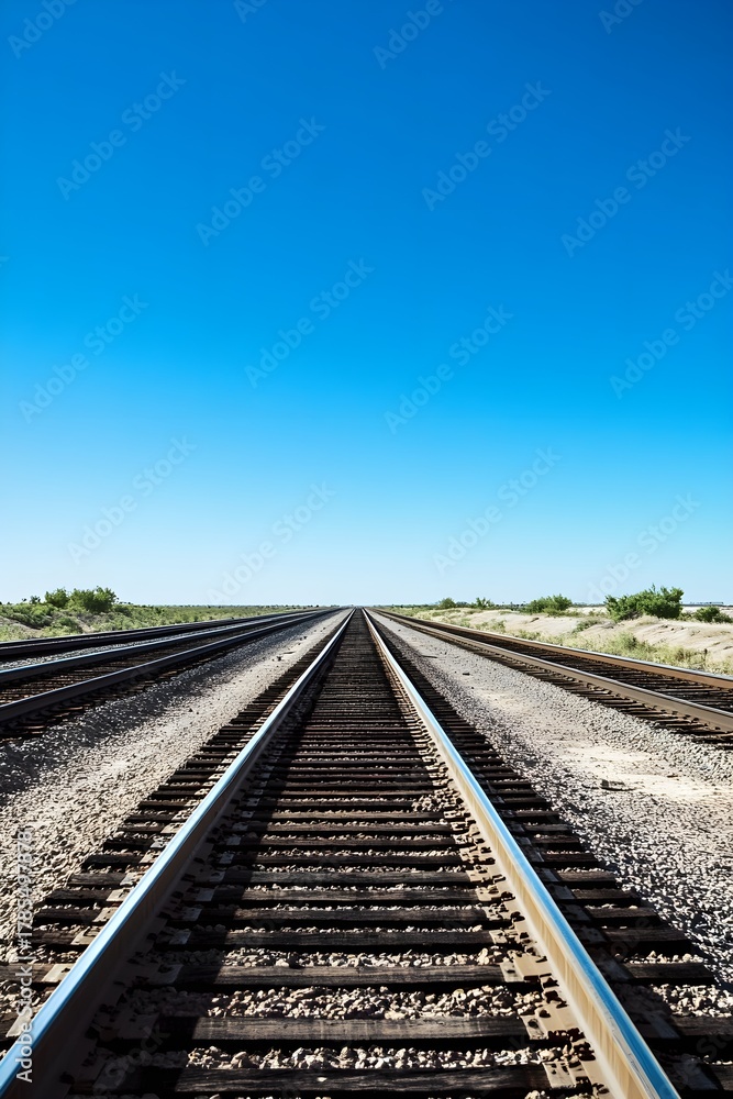 Fototapeta premium Straight Railway Tracks Vanishing Horizon Blue Sky