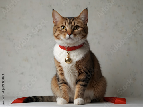 Tabby Cat with Red Ribbon and Golden Bell. Generative Ai