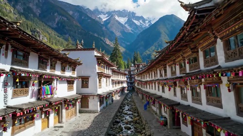 The style of Shangri-La Ancient City, a Tibetan-style architectural street under the snow-capped mountains in western Sichuan