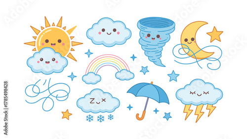 Funny set of cartoon birds vector illustration in sunny weather sky with clouds