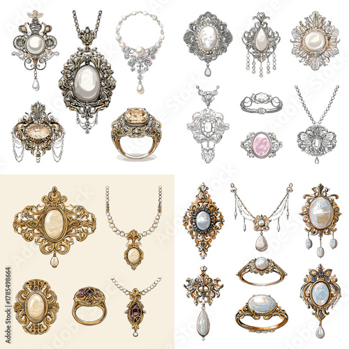 Highly detailed illustration set of vintage baroque and Victorian jewelry, including rings, pendants, brooches, and necklaces with ornate silver and gold filigree designs.