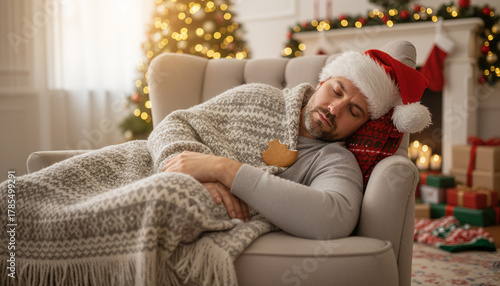 Exhausted Man Sleeping in Santa Hat on Christmas Eve by Decorated Tree with Fireplace and Gifts at Cozy Home