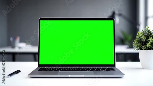 Wallpaper Mural Modern Office Workspace Element with laptop display green screen background on desk people attending business meeting isolated mockup template blank chroma key and copy space computer close up Torontodigital.ca