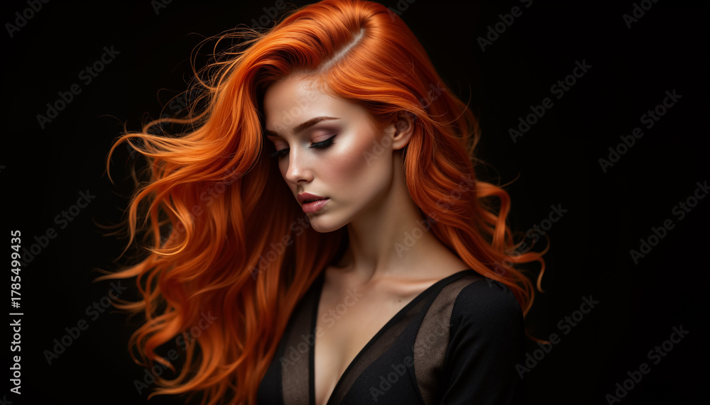 Fototapeta premium Beautiful young woman with vibrant, luxurious long orange hair flowing against a dark black background, professional beauty and style.
