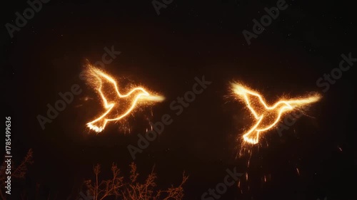 Dos siluetas de pájaros ardientes iluminan la noche oscura con un brillo mágico y etéreo.