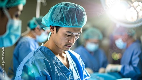 A focused Asian surgeon in blue scrubs and cap peers down intently during a delicate surgical procedure in a brightly lit operating room