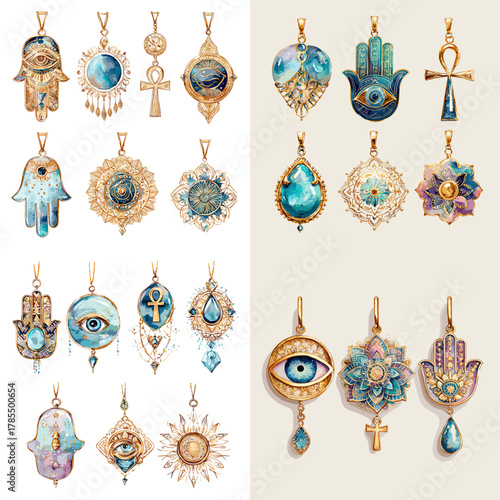 Elegant watercolor amulets featuring hamsa hands, evil eye charms, ankhs, mandalas, and celestial motifs in gold and turquoise tones, ideal for mystical and bohemian designs.