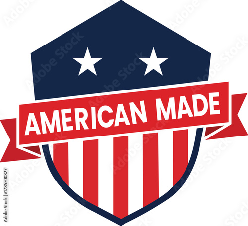 American made badge with stars and stripes on a shield with a red banner over a white background