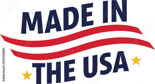 Made in the usa graphic with red stripes and gold stars on a white background and dark blue text