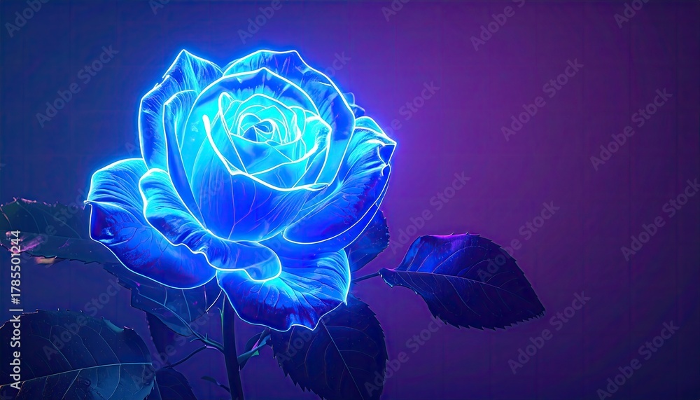 Fototapeta premium Glowing rose with neon blue outlines on violet backdrop