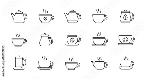Tea Collection Iconography: A collection of various tea-related icons, each illustrating a unique teapot or teacup with rising steam.