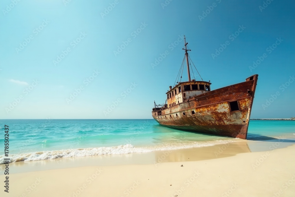 Fototapeta premium Sun-Bleached Vessel Ashore on a Pristine Sandy Beach Under a Clear Azure Sky