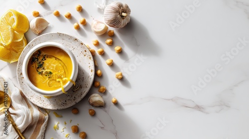 Modern Mediterranean Chickpea Soup with Garlic, Lemon, and Olive Oil on Marble Surface