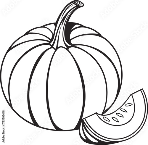 Outline illustration of a pumpkin and a sliced piece of squash