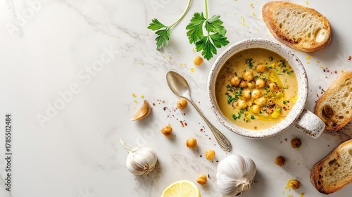 Healthy Mediterranean Chickpea Soup with Garlic and Lemon on White Marble Background