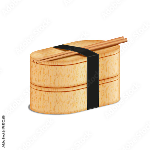 Realistic bamboo or wooden bento lunch box with chopsticks set tied with a black ribbon isometric view isolated on white, vector 3d mockup for Japanese food or sustainable meal packaging.