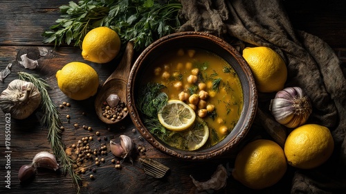 Moody Editorial Food Photography of Chickpea Soup with Garlic, Lemon, and Fresh Herbs