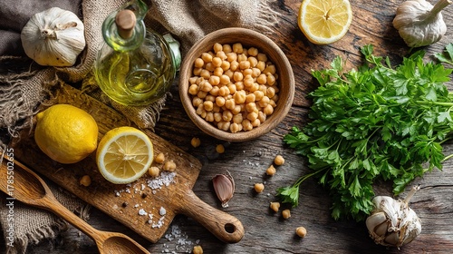 Top-Down Composition of Mediterranean Chickpea Soup with Fresh Herbs, Garlic, and Lemon