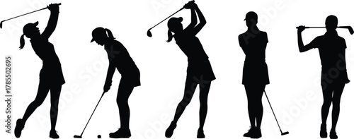 Golf silhouettes, swing technique, putting stance, casual pose, athletic motion, sports posture, golfing form, black silhouette, golf action, leisure sport, vector illustration,