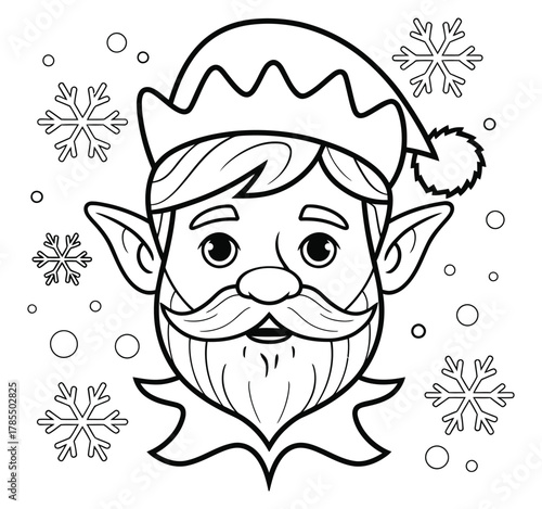 Black outline drawing of cheerful bearded Christmas elf wearing Santa hat surrounded by snowflakes, whimsical holiday illustration, cute winter character design for coloring book and greeting cards