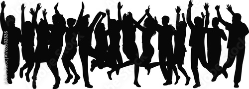 Jumping silhouettes, happy people, celebration moment, energetic pose, unity expression, group joy, freedom vibe, teamwork spirit, black figures, white background, dynamic movement, festive scene