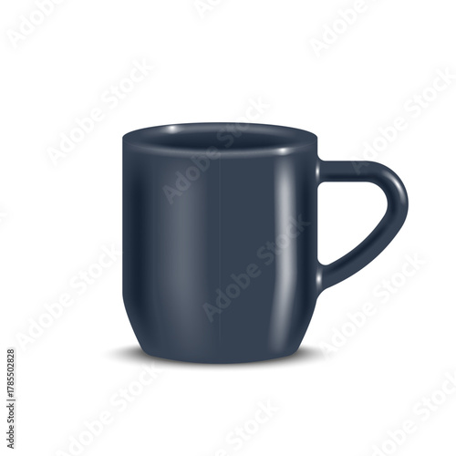 Ceramic coffee mug with dark gray matte glaze and handle isolated on white front view, vector realistic 3d object for kitchenware product packaging mockup, or beverage presentation.
