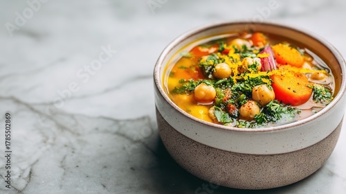 Healthy Vegan Chickpea and Carrot Soup with Herbs in Modern Ceramic Bowl on Marble Table