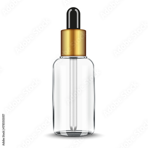 Clear glass dropper bottle with pipette and gold metallic cap isolated on white front view, realistic 3d vector mockup for K-beauty cosmetic serum, essential oil transparent packaging design.