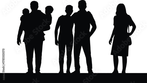 Silhouette of diverse people, family group, parent with children, couple standing, woman with handbag, unity, community, togetherness, lifestyle, social bond, evening light**