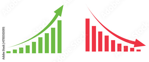 Green business chart upward downward trending arrow, financial volatility graph, market analysis vector, growth decline comparison, isolated data report, dynamic performance illustration