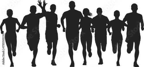 Silhouette runners in motion, group running forward, fitness teamwork concept, competitive race energy, athletic training outdoors, dynamic movement, healthy lifestyle, sport motivation, unity