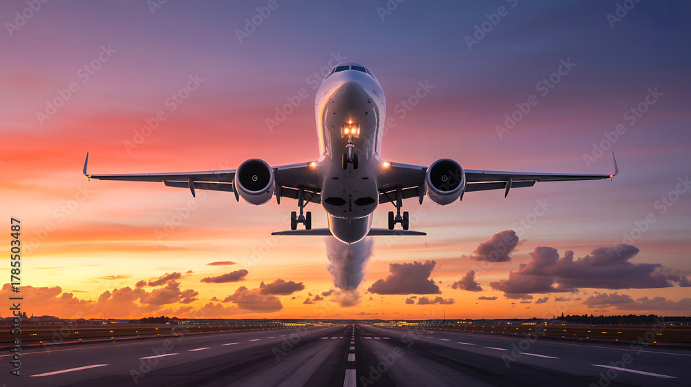 Fototapeta premium Dramatic airplane takes off at sunset, vibrant travel adventure begins with modern jet