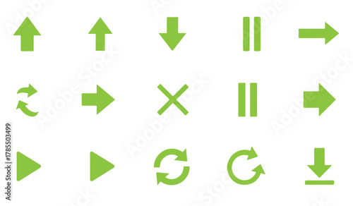 A set of green icons, including arrows pointing up, down, and right, as well as pause, play, refresh, download, and close symbols for various applications