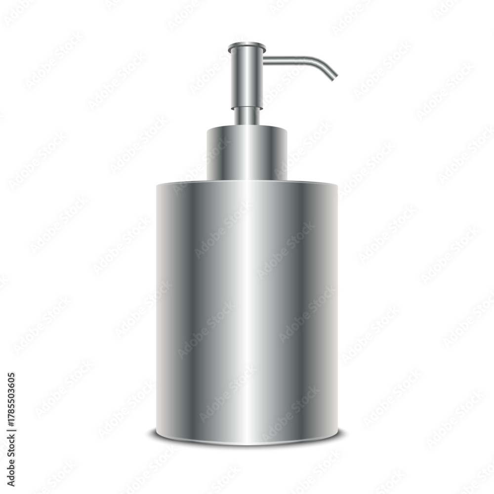 Obraz premium Realistic metal liquid soap dispenser mockup 3d vector isolated on white front view, illustration for cosmetic, hygiene, bathroom, or product packaging presentation.