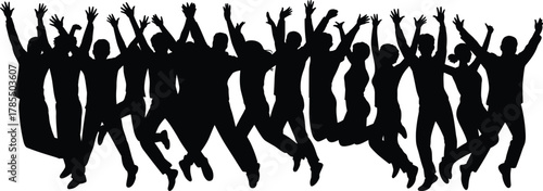 Silhouetted people jumping, joyful celebration, group unity, energetic movement, black figures, happiness, freedom, teamwork, success, outdoor fun, expressive pose, dynamic crowd, festive mood