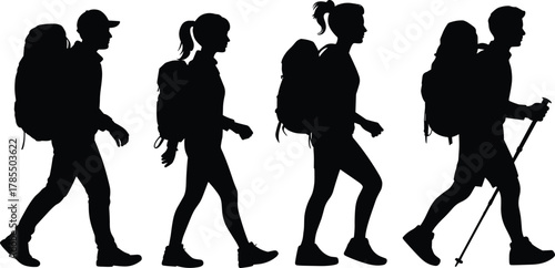 Silhouettes of hikers walking, trekking gear, outdoor adventure, mountain trail, backpack travel, nature exploration, group hiking, fitness journey, wilderness, active lifestyle, scenic trek