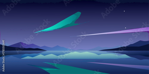 Abstract night landscape with aurora and reflections