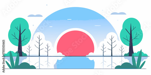 Minimalist Sunrise Over Water with Trees and Clouds