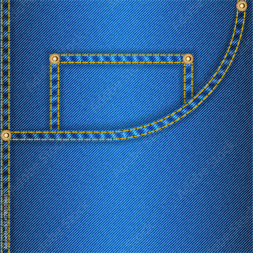 Realistic vector blue denim jeans fabric front pocket with yellow stitching, rivets, and seam detail, textile background for tailoring, sewing, clothing, fashion and garment design.