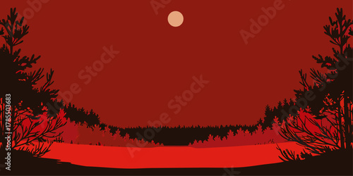 Silhouette of Pine Trees and Lake Under a Full Moon