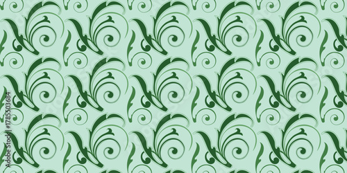 A repeating pattern of green floral designs on a light green background creating a seamless texture