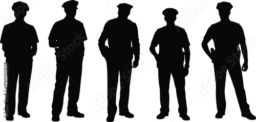 Silhouettes of uniformed officers, standing in line, military or police personnel, dark shadows, teamwork, discipline, authority, security force, law enforcement, graphic concept