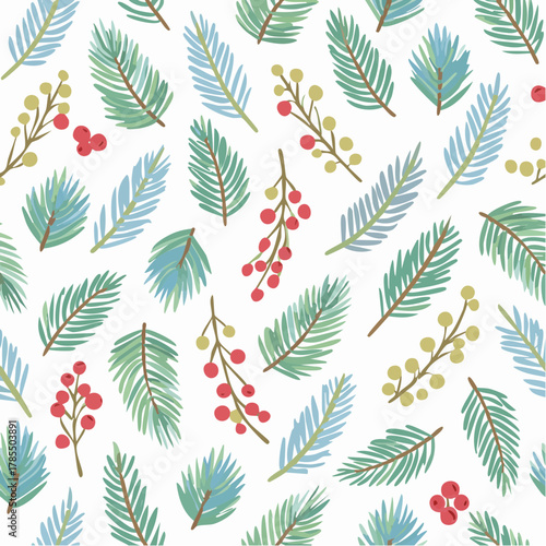 Seamless Christmas Pattern with Evergreen Branches and Berries Festive Holiday Background